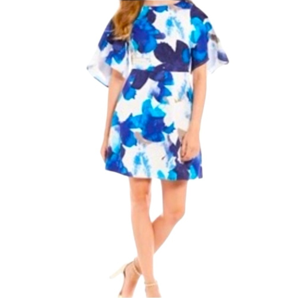Belle Badgley Mischka Edyta Striking Cape flutter Sleeve fit and flare Dress